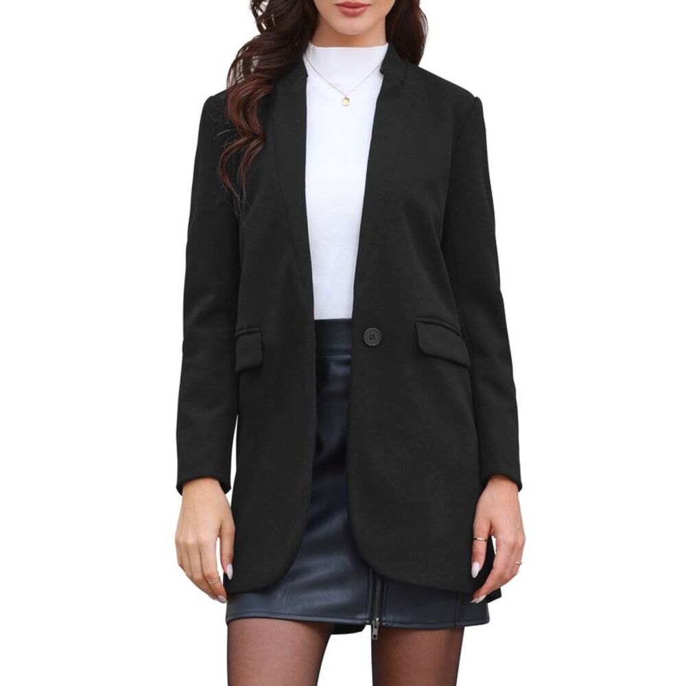 Women Business Casual Notch Collar Button Down Blazer Coat Black